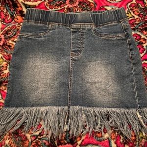Blue jean skirt with fringe